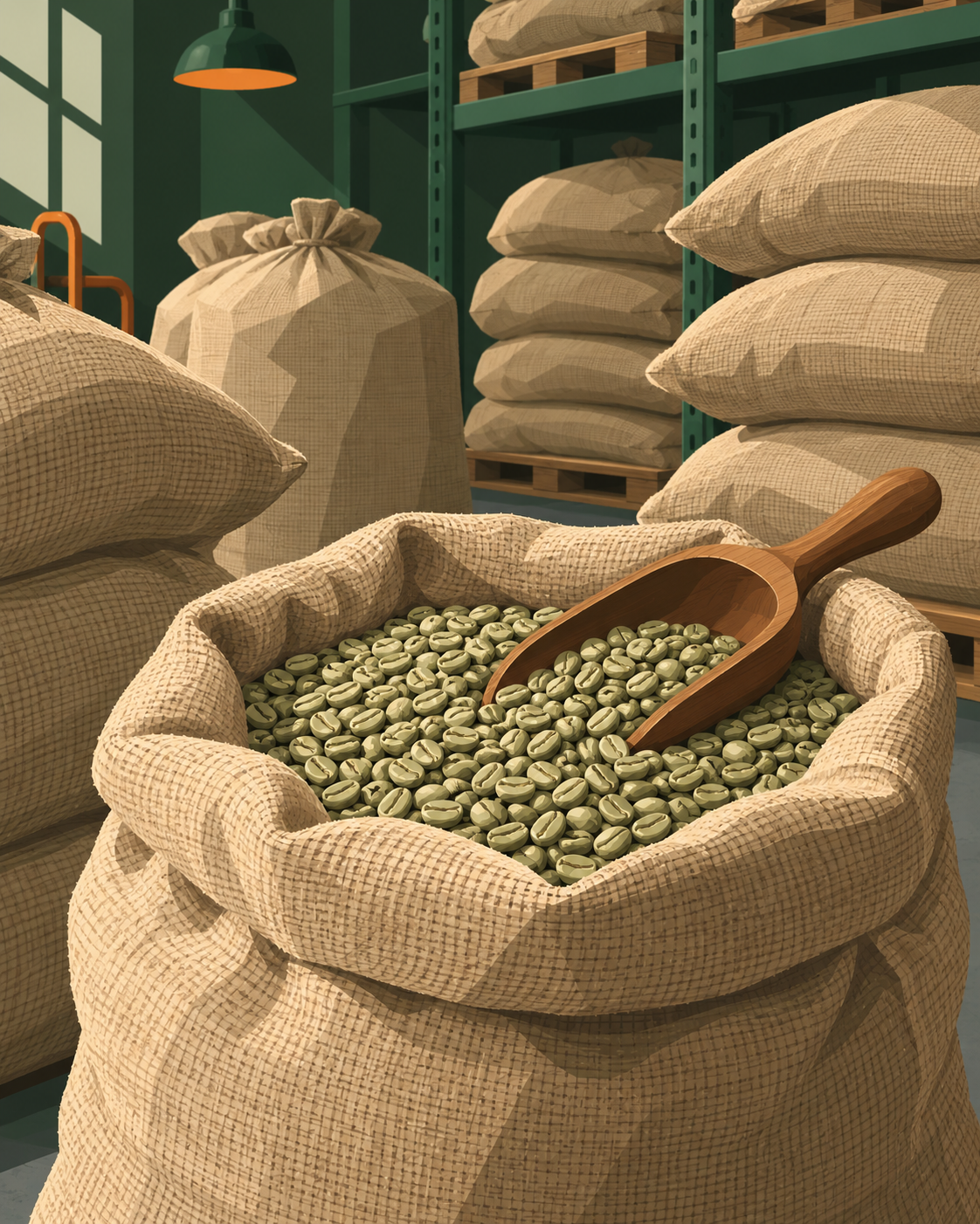 Illustrazione di caffè verde in sacchi di juta con paletta di legno.