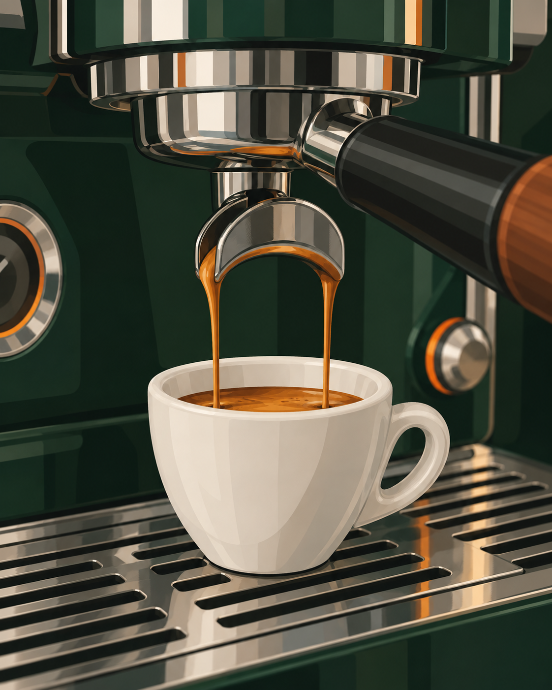 Illustrazione di un espresso che scende dal portafiltro nella tazzina.