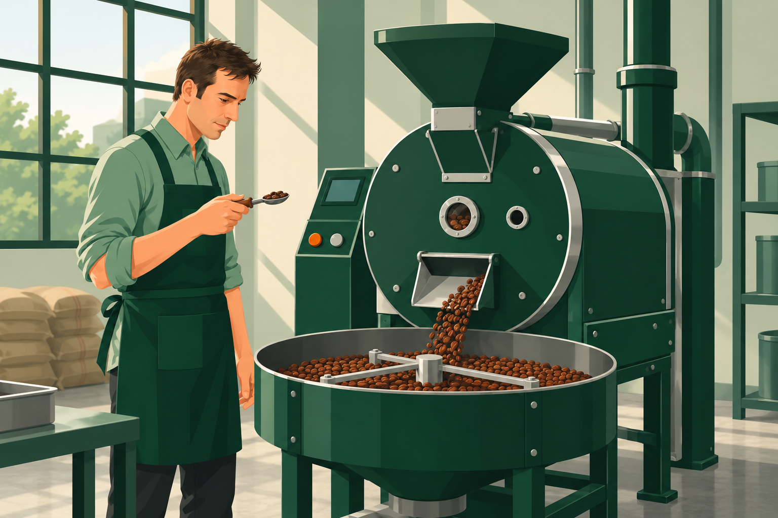 Illustrazione di Luciano che osserva un campione di caffè accanto alla tostatrice.