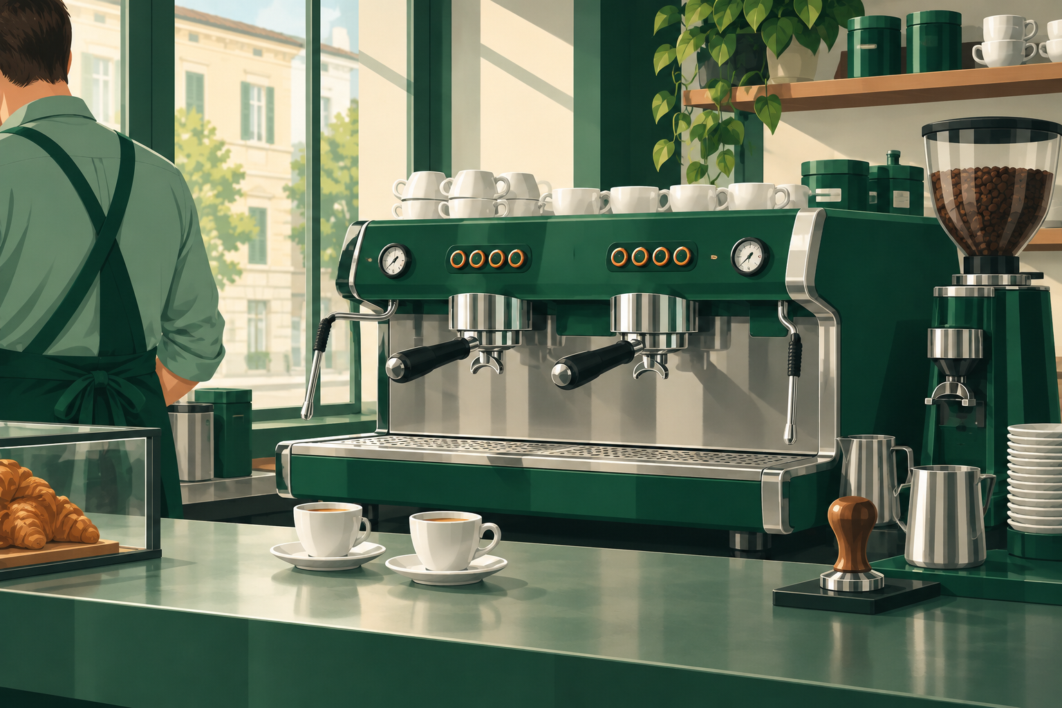 Illustrazione di una macchina espresso a due gruppi sul bancone di un bar.