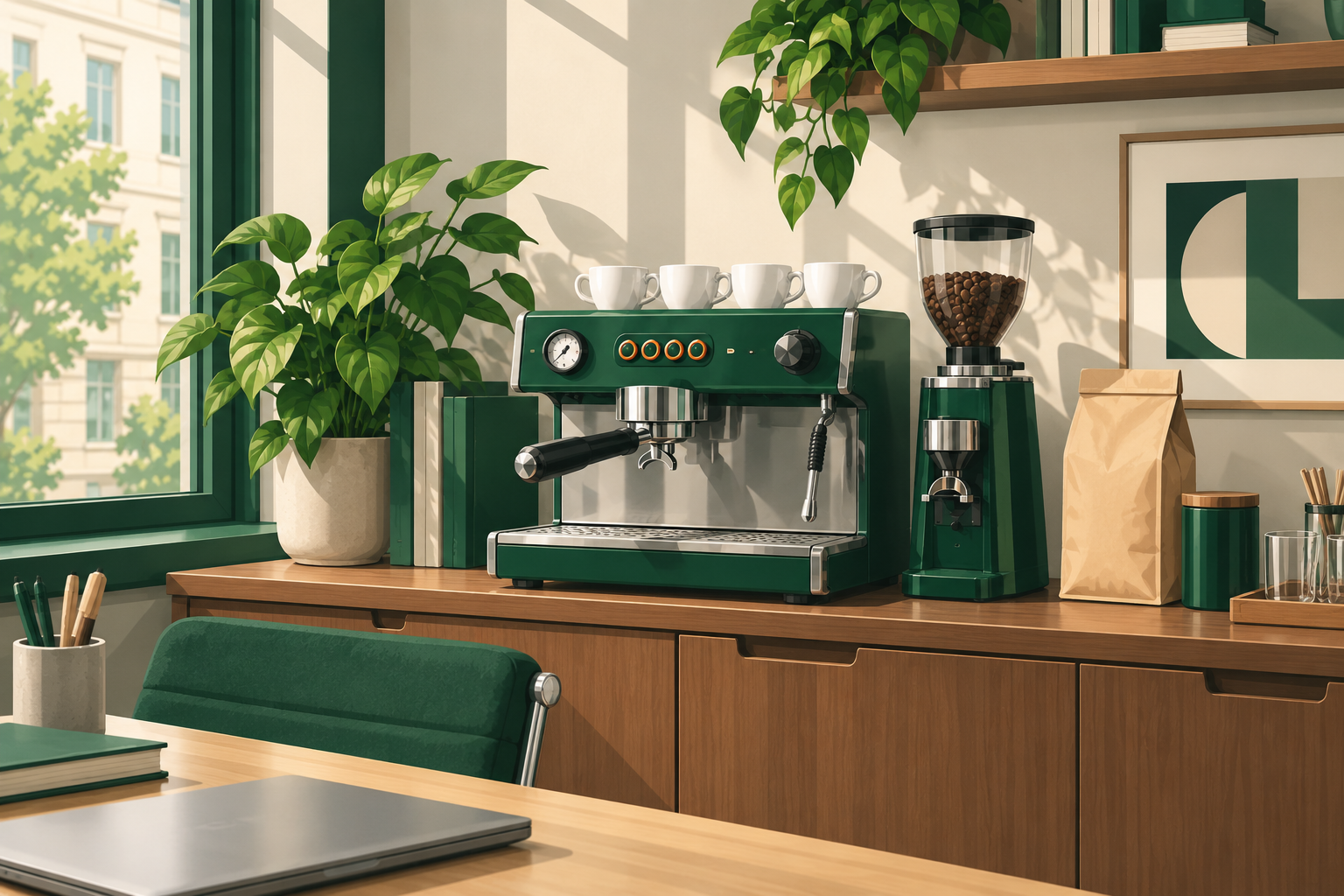 Illustrazione di un angolo caffè in ufficio con macchina espresso e tazze.