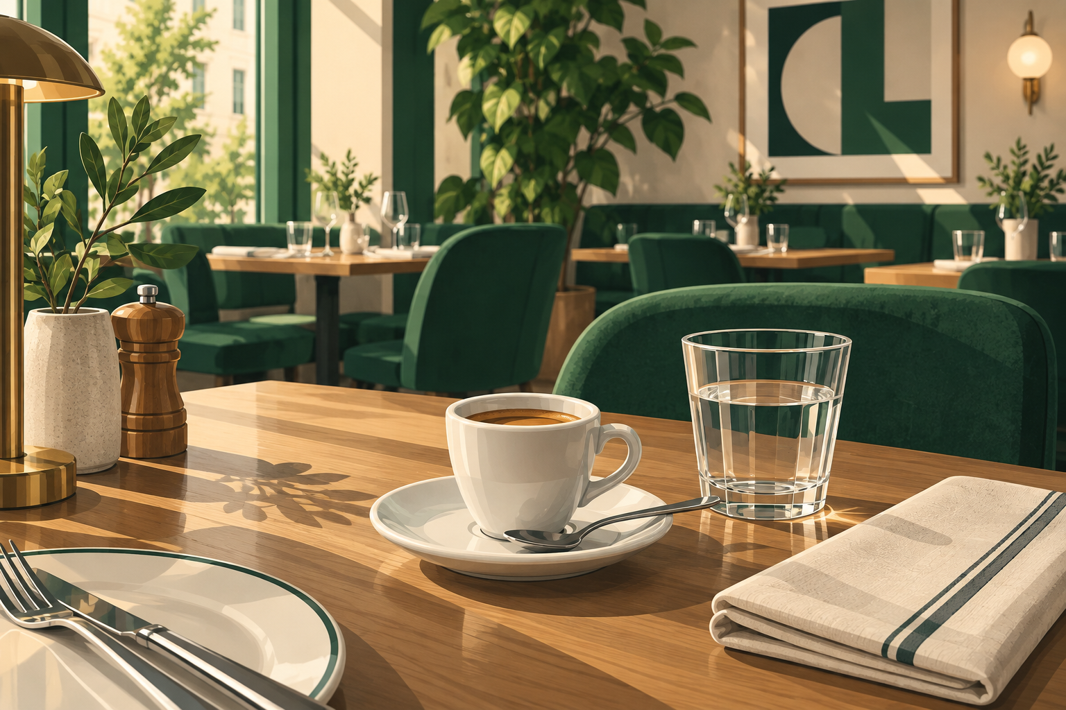 Illustrazione di un espresso servito con acqua e tovagliolo su un tavolo di ristorante.