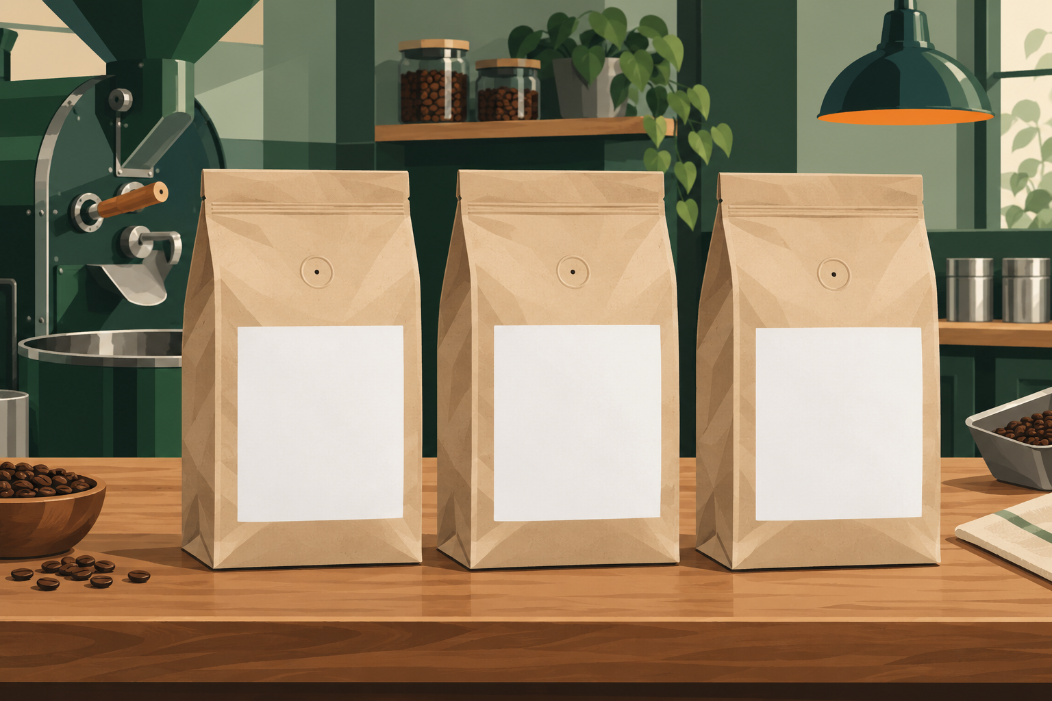 Illustrazione di tre confezioni di caffè con valvola ed etichetta bianca per private label.